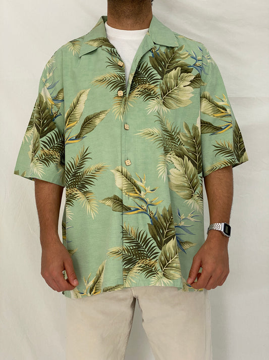 Vintage Jamaica Jaxx Tropical Leaf Silk Mint Green Hawaiian Shirt – XL
