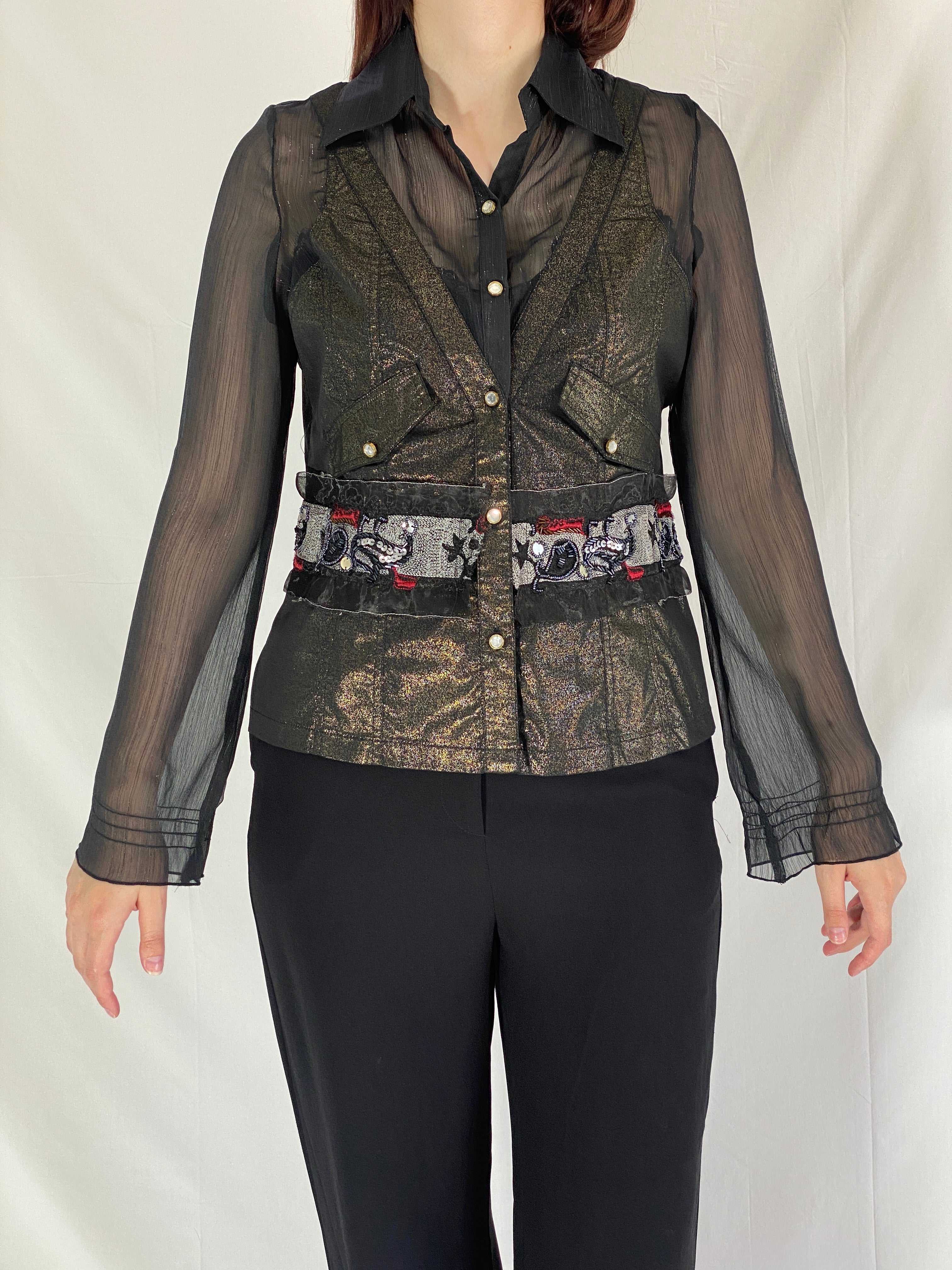 Vintage Farfalla Rosso Shimmery Whimsygoth Beaded Sheer Shirt Evening Top - XL