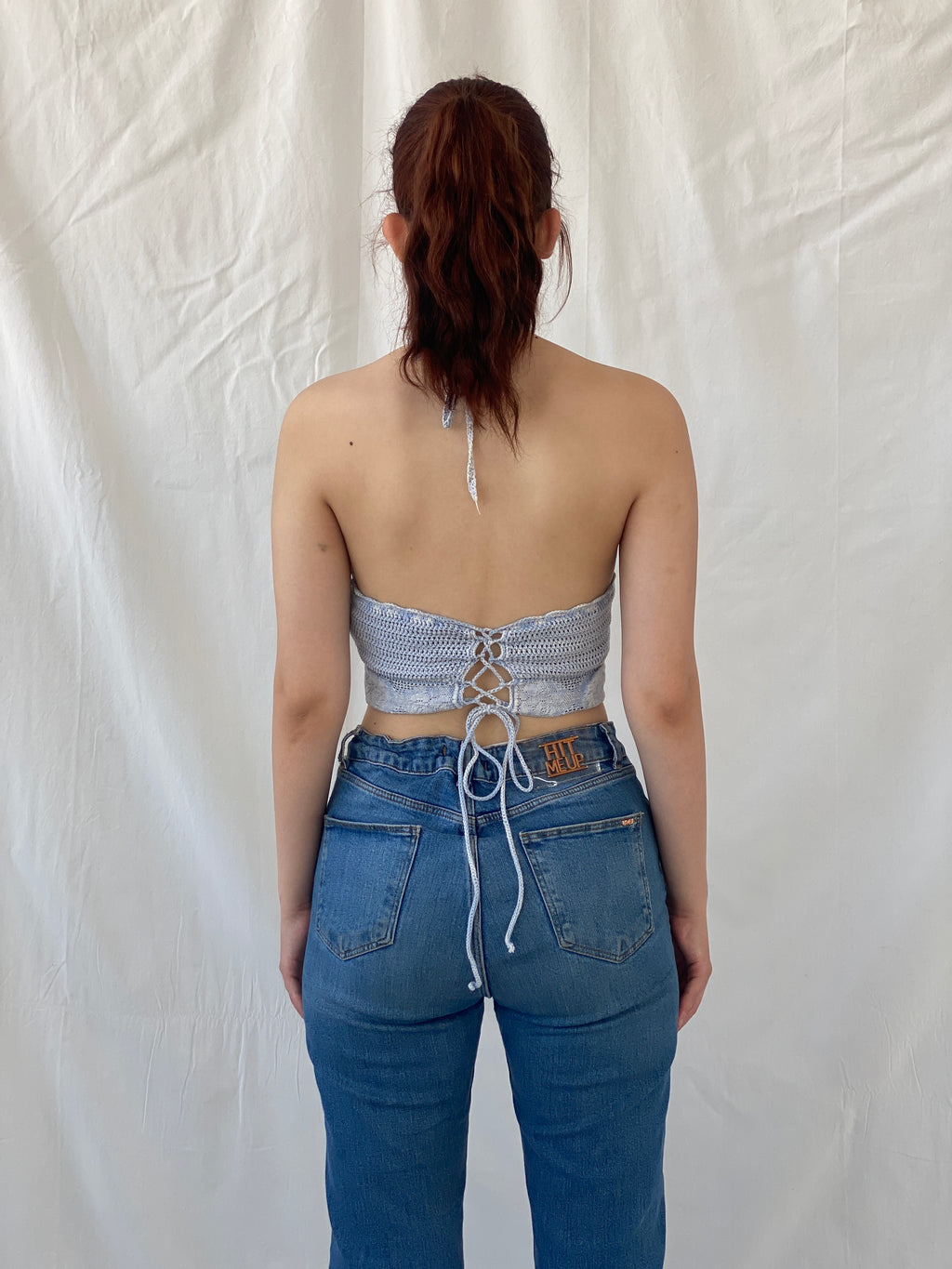 Y2K Forever 21 Marled Knit Halter Neck Blue Crochet Crop Top - S