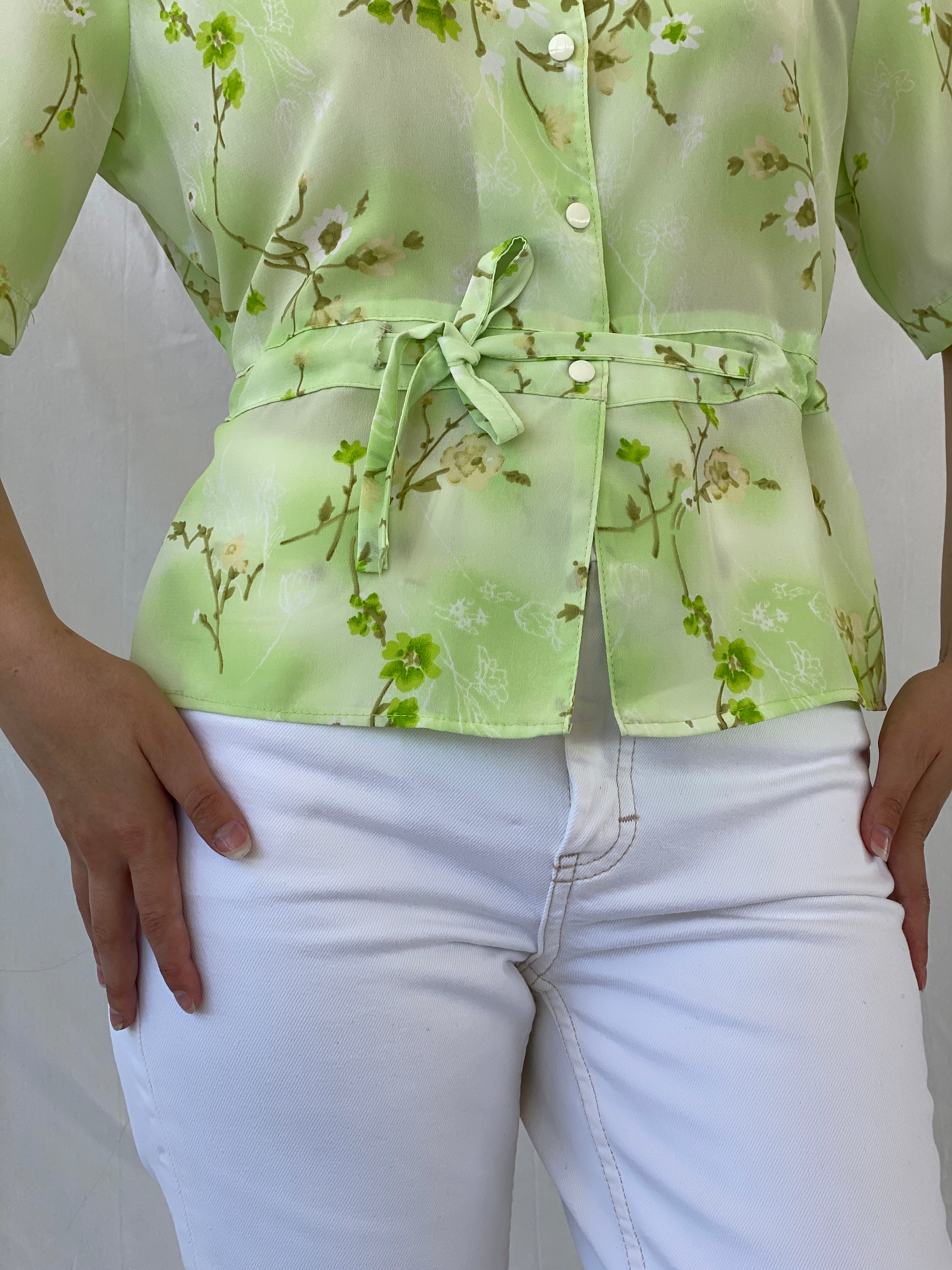 Vintage Lime Green Floral Waist Tie Button Up Short Sleeve Shirt - L
