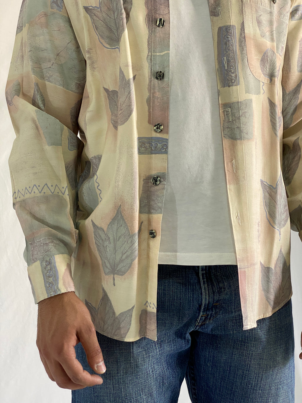 Vintage 90s Club D’Amingo Beige Abstract Leaf Print Men’s Long Sleeve Shirt - L