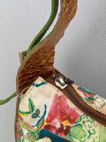 Statement Y2K Just Cavalli Graphic Print Canvas & Leather Shoulder Bag