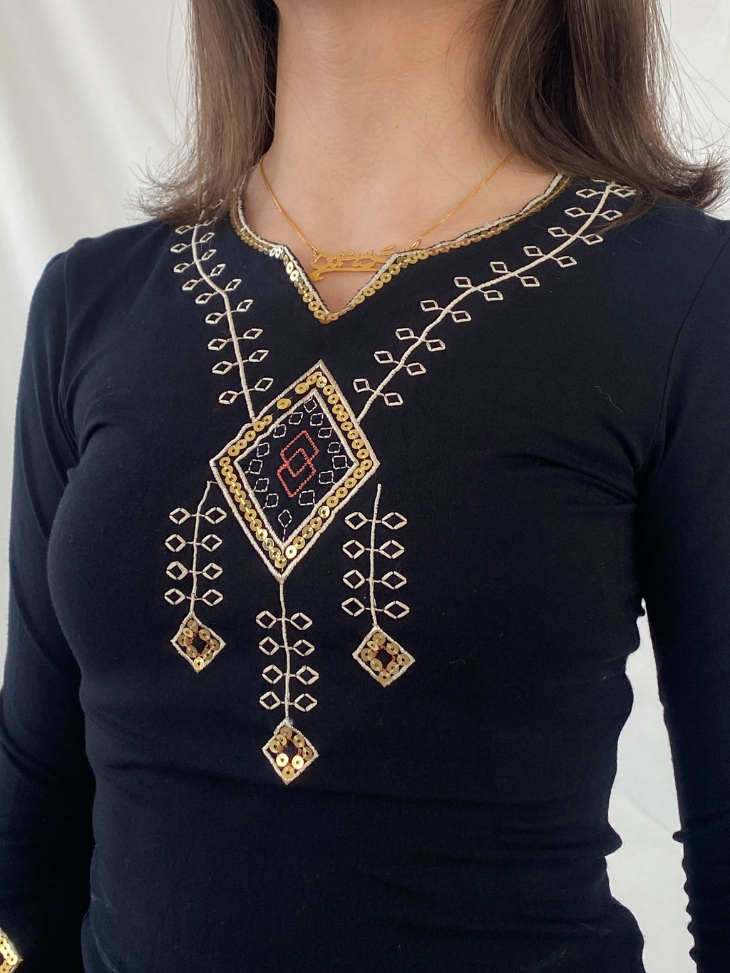 Y2K YRC Embellished Sequined Neck Black Long Sleeve Women’s Top - XS