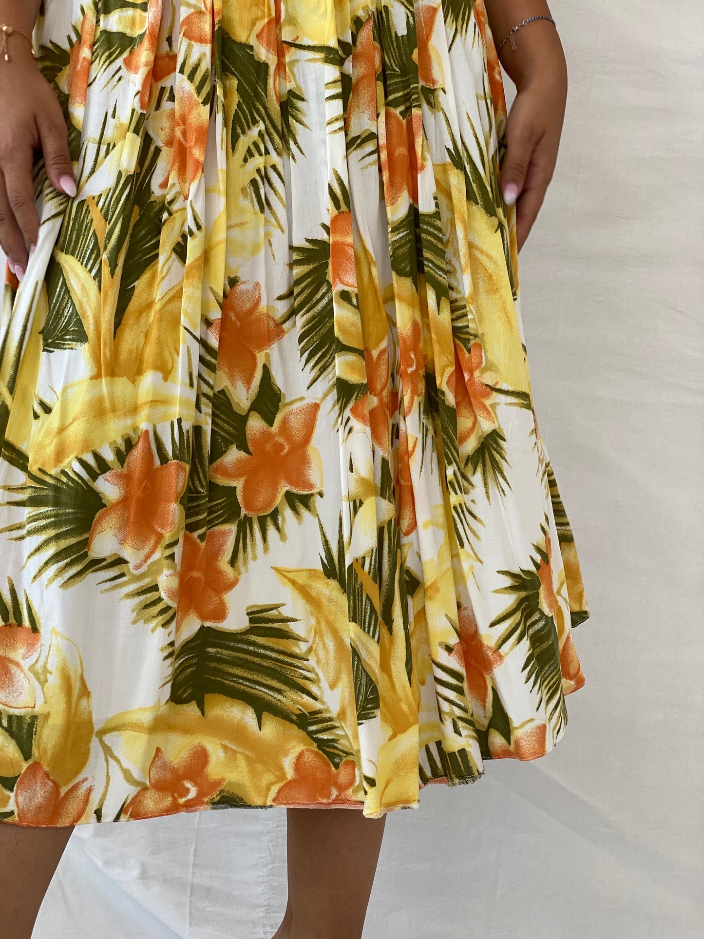 Vintage Orange & Yellow Tropical Print Midi Skirt - L