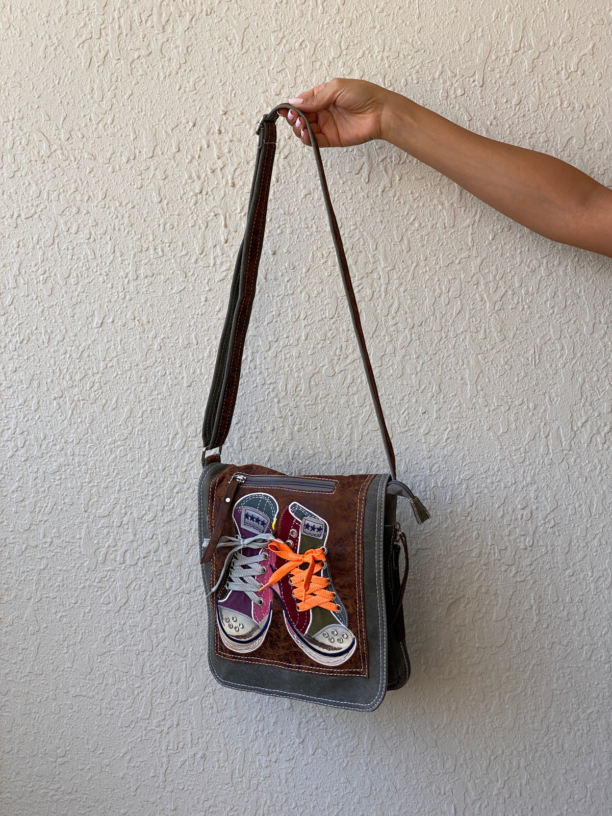 Y2K Grey Denim Faux Leather Sneaker Appliqué Crossbody Bag Y2K Grey Denim Faux Leather Sneaker Appliqué Crossbody Bag