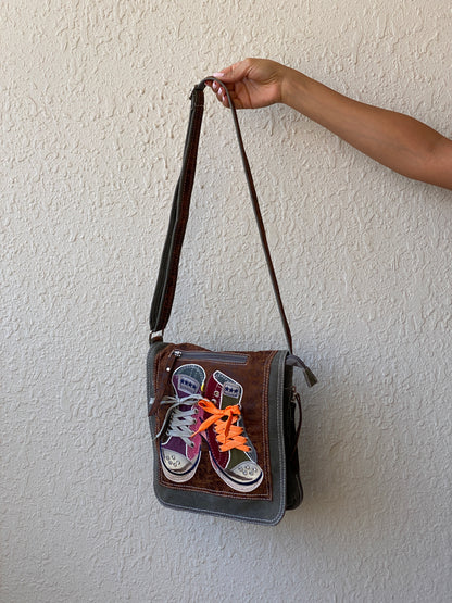 Y2K Grey Denim Faux Leather Sneaker Appliqué Crossbody Bag