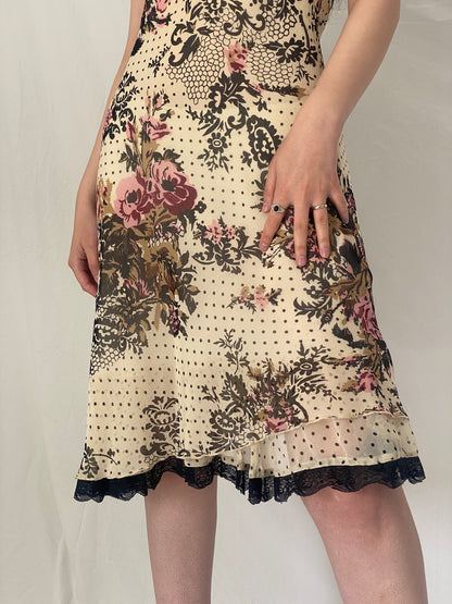 Vintage Y2K Romantic Lace Trim Floral Slip Dress Cream Polka Dot Midi Dress - S