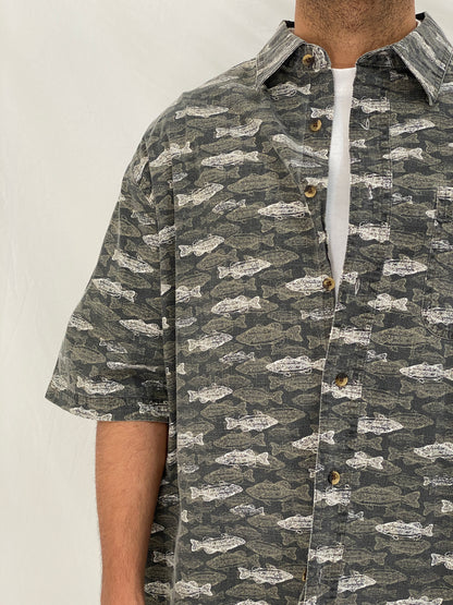 Vintage Puritan Fish Print Gray Cotton Button Up Shirt Oversized Coastal Shirt - XL