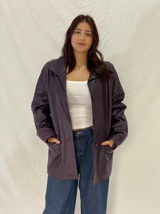 Vintage PER ME Purple Genuine Leather Jacket Italian Tailored Button-Up Leather Coat - L
