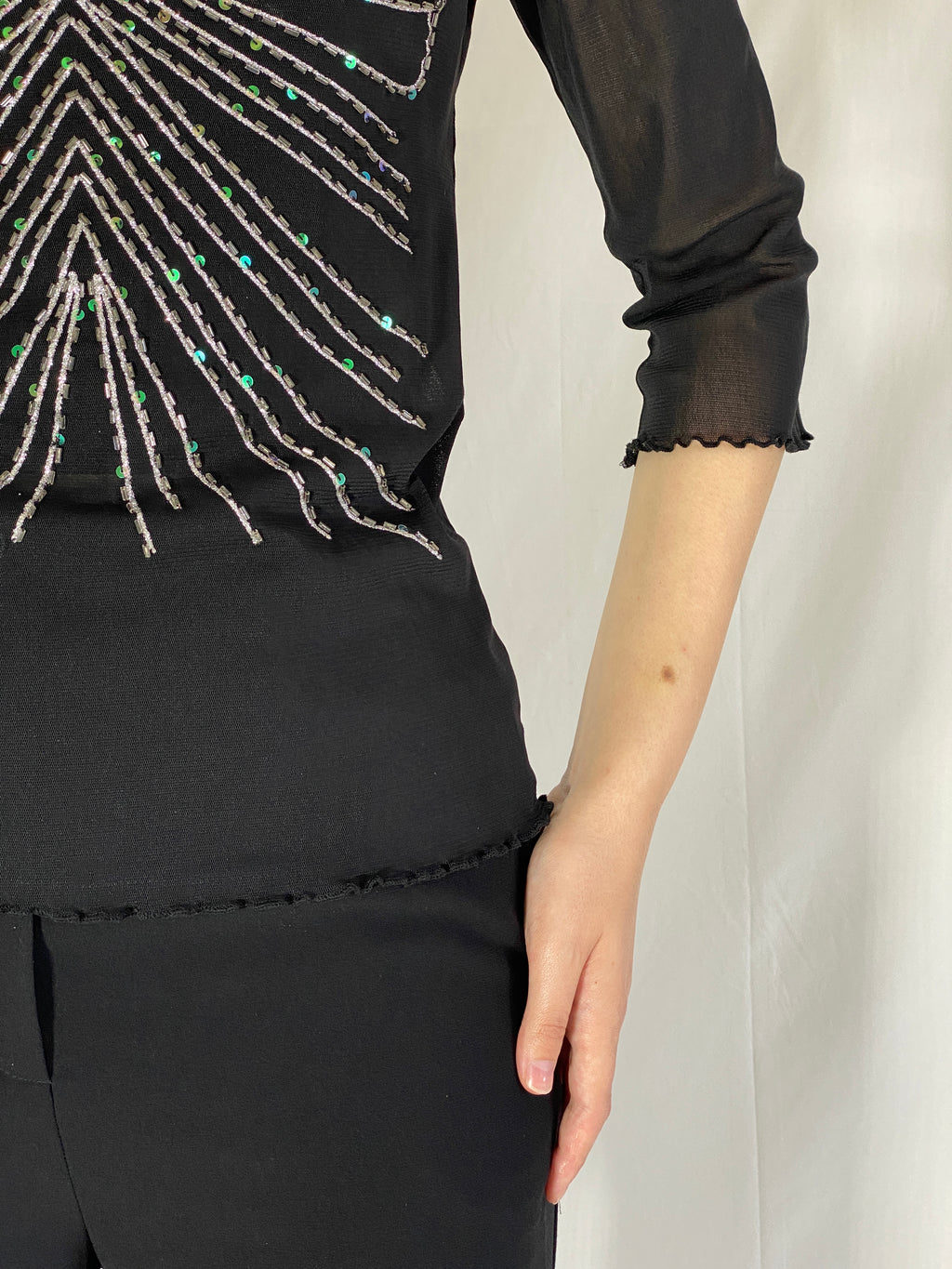 Vintage Y2K Jennifer Taylor Sheer Beaded Butterfly Mesh Top - L