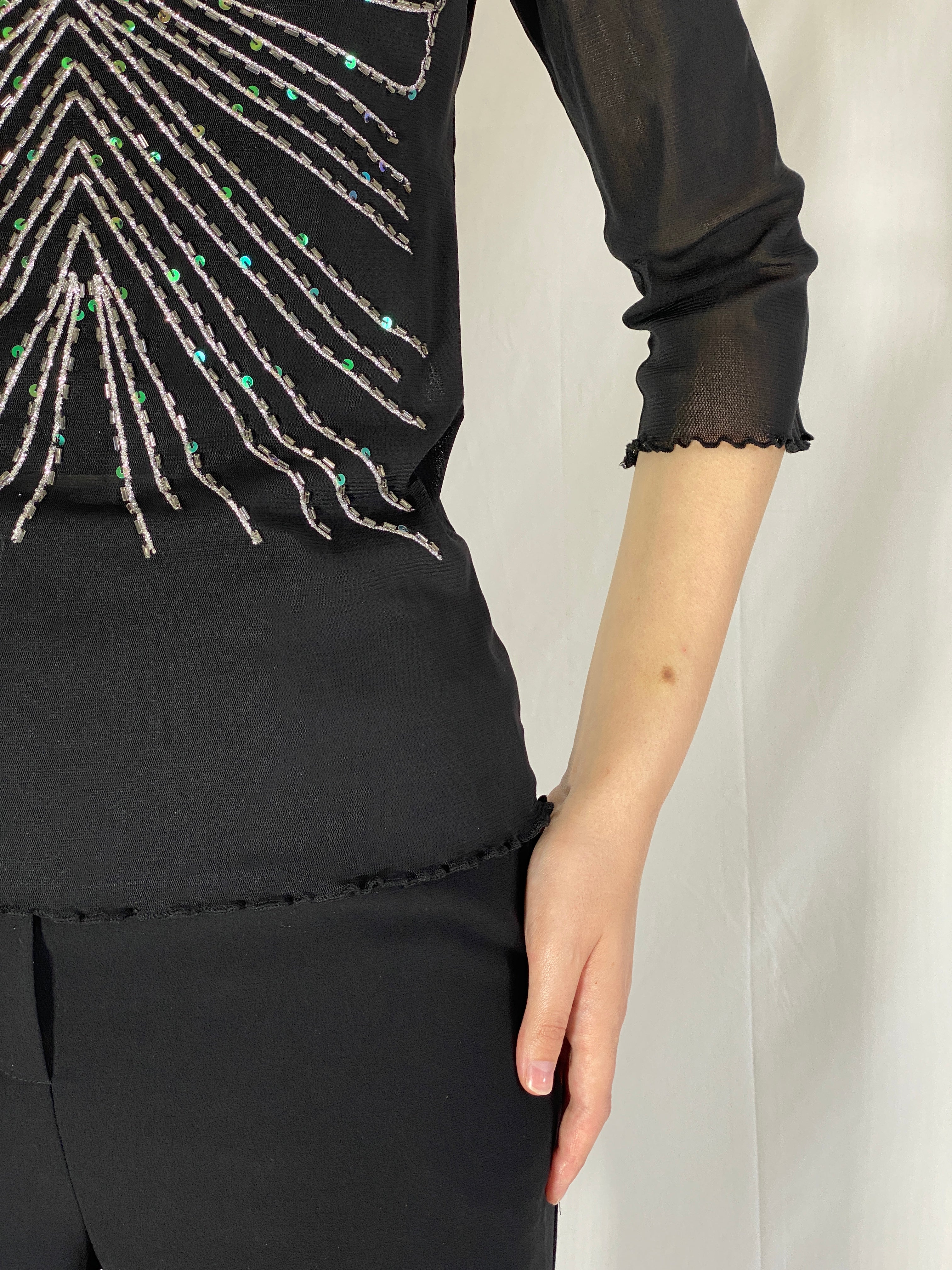 Vintage Y2K Jennifer Taylor Sheer Beaded Butterfly Mesh Top - L