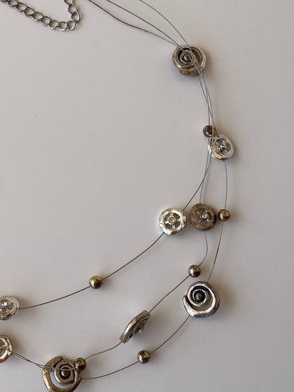 Vintage Y2K Silver Tone Spiral Rose Floating Bead Multi-Strand Wire Necklace