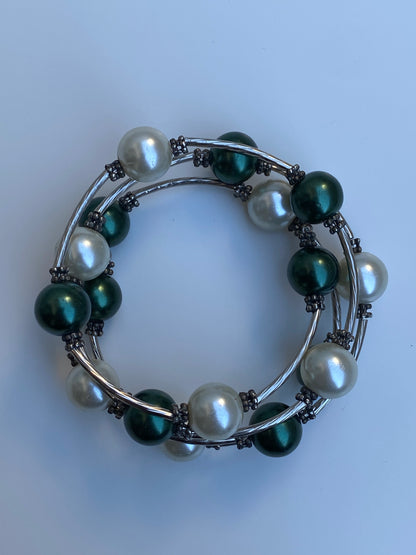 Vintage Silver-Tone Green & Ivory Faux Pearl Wire Wrap Multi-Strand Bracelet