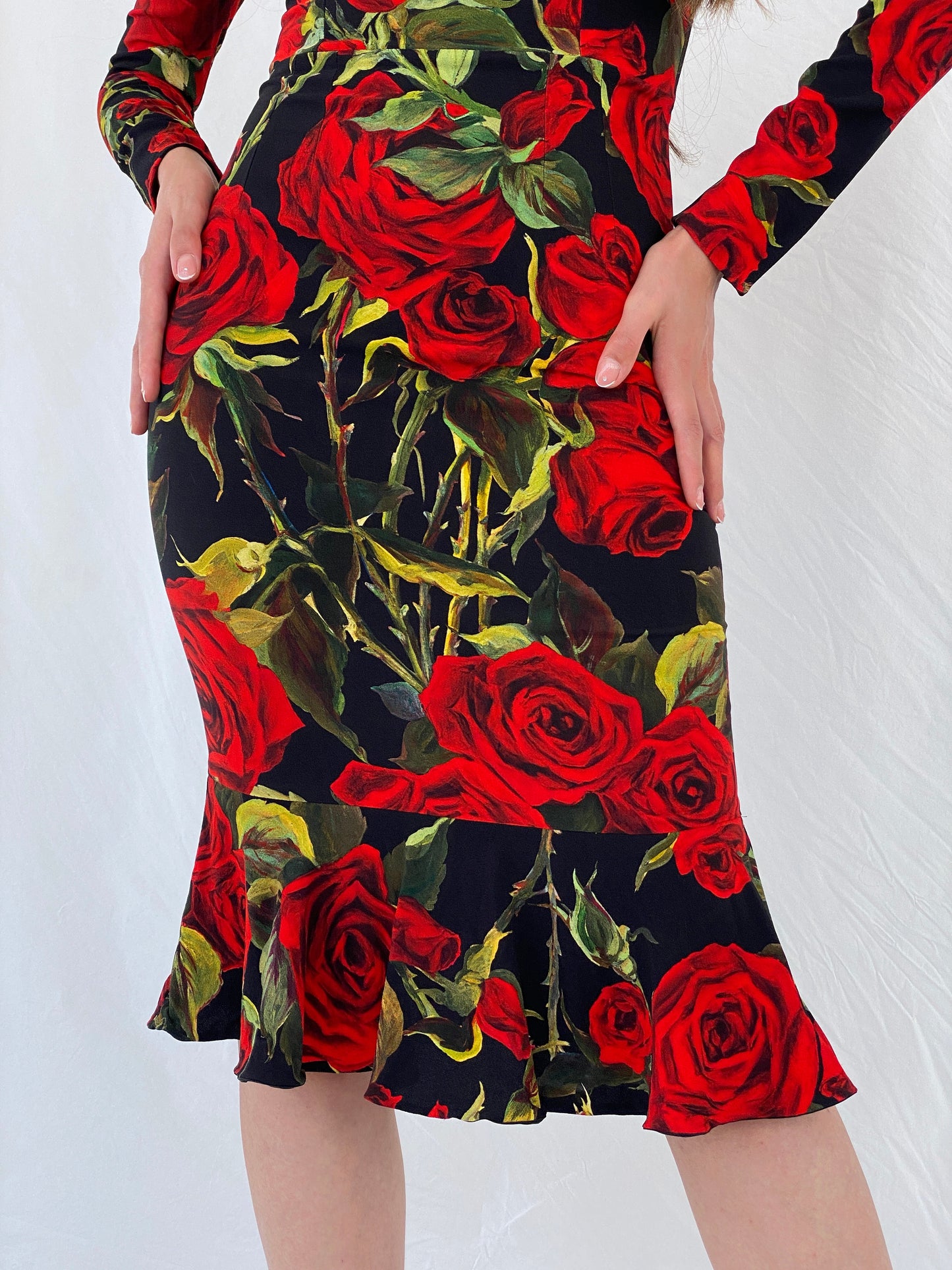 Dolce & Gabbana Red Roses Print Silk Knee-Length Dress - S