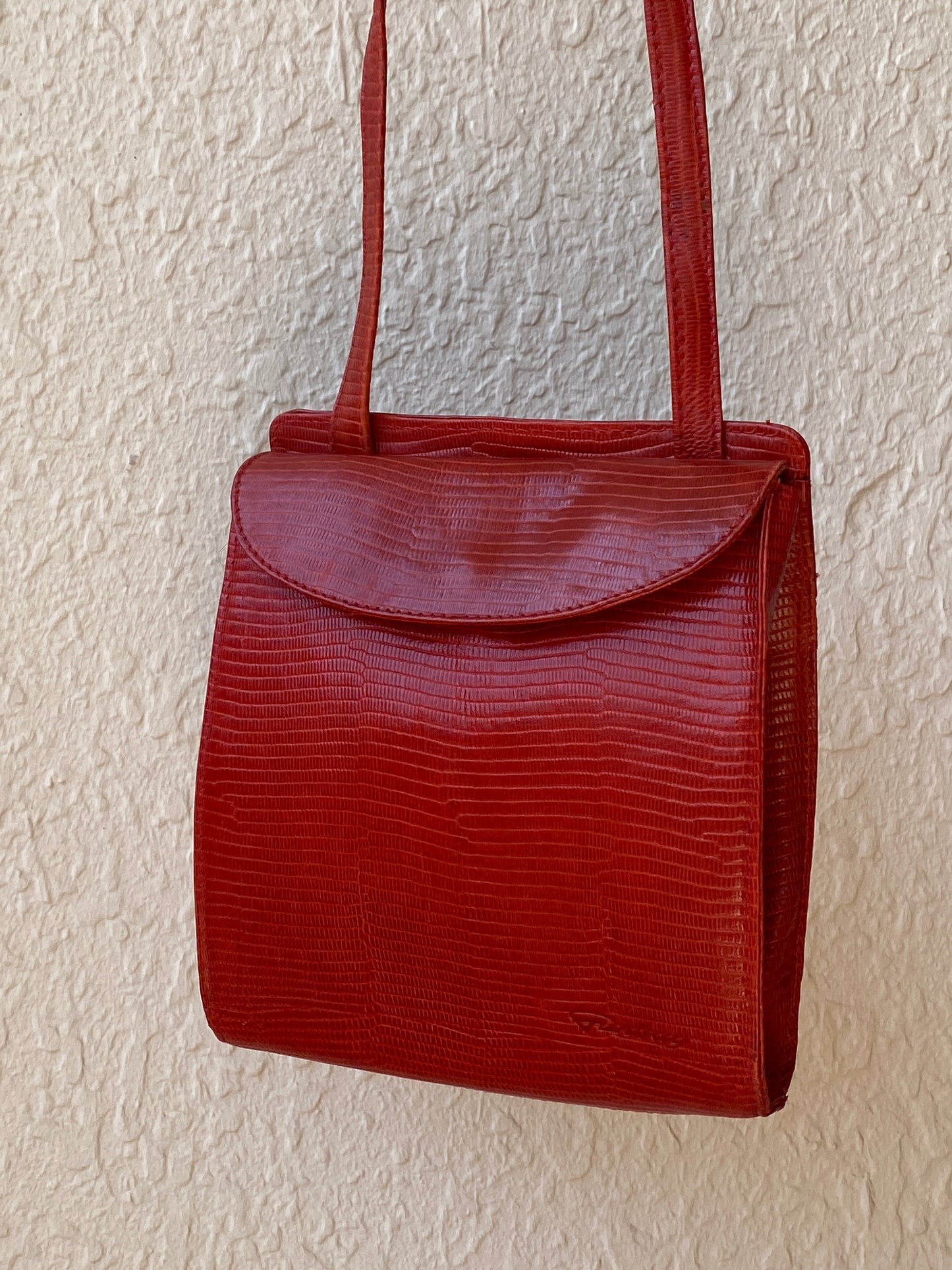 Vintage 80s Funbag Red Embossed Leather Structured Crossbody Bag