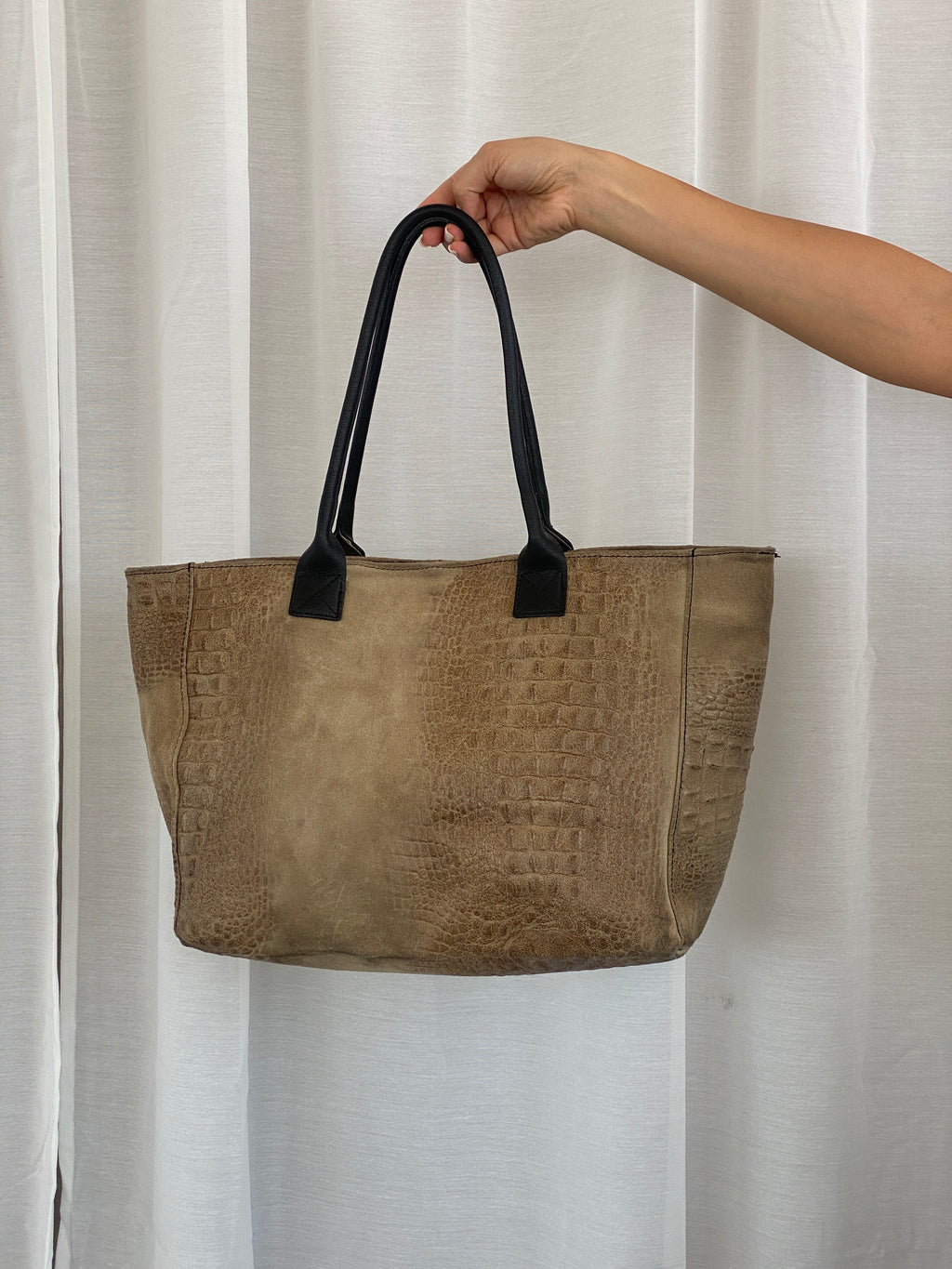 Vintage Genuine Italian Leather Croc Embossed Taupe Satchel Shoulder Bag