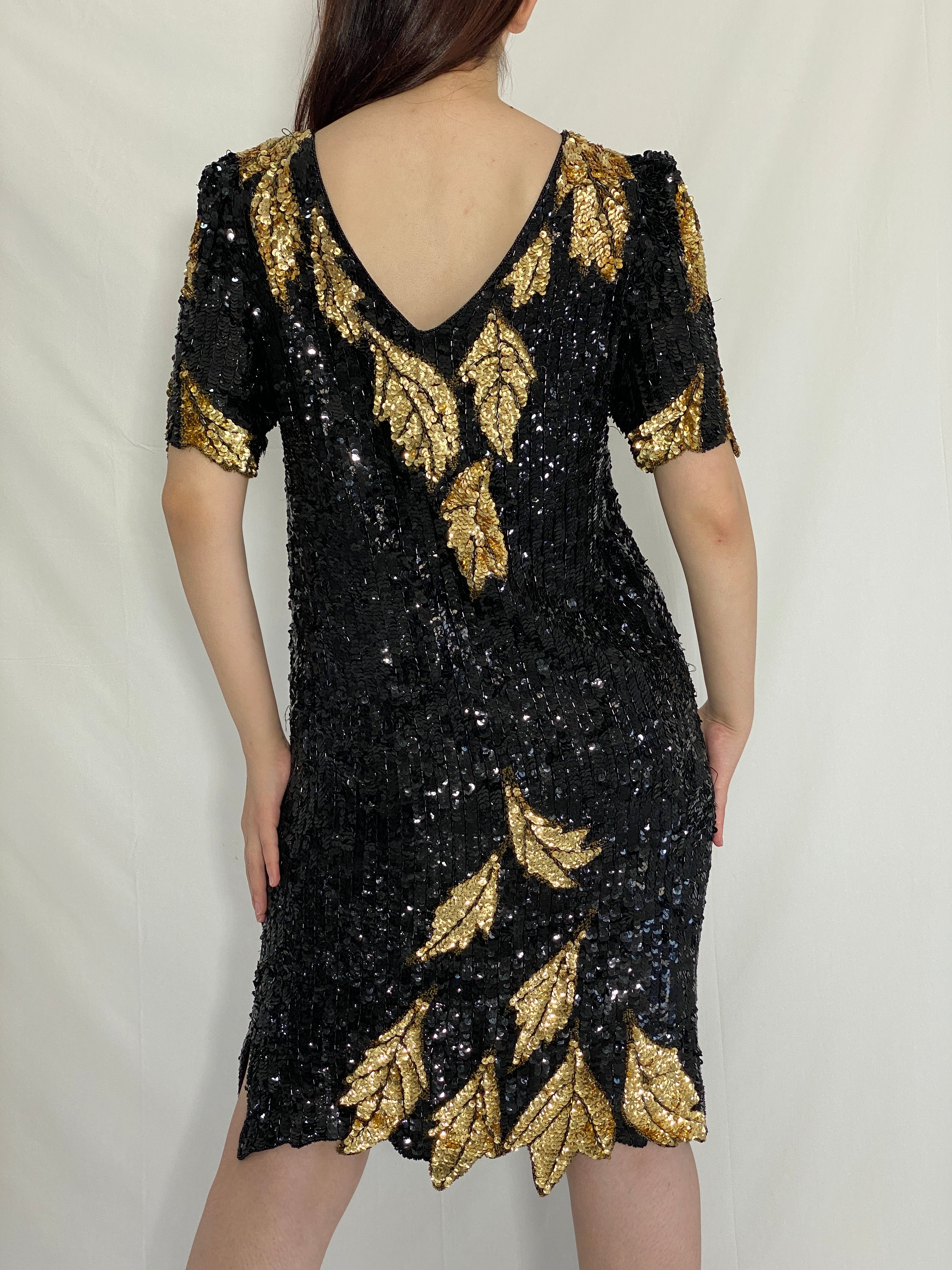 Vintage 80s/90s Sho Max Originals Black Silk Sequin Gold Leaf Beading Party Dress - L