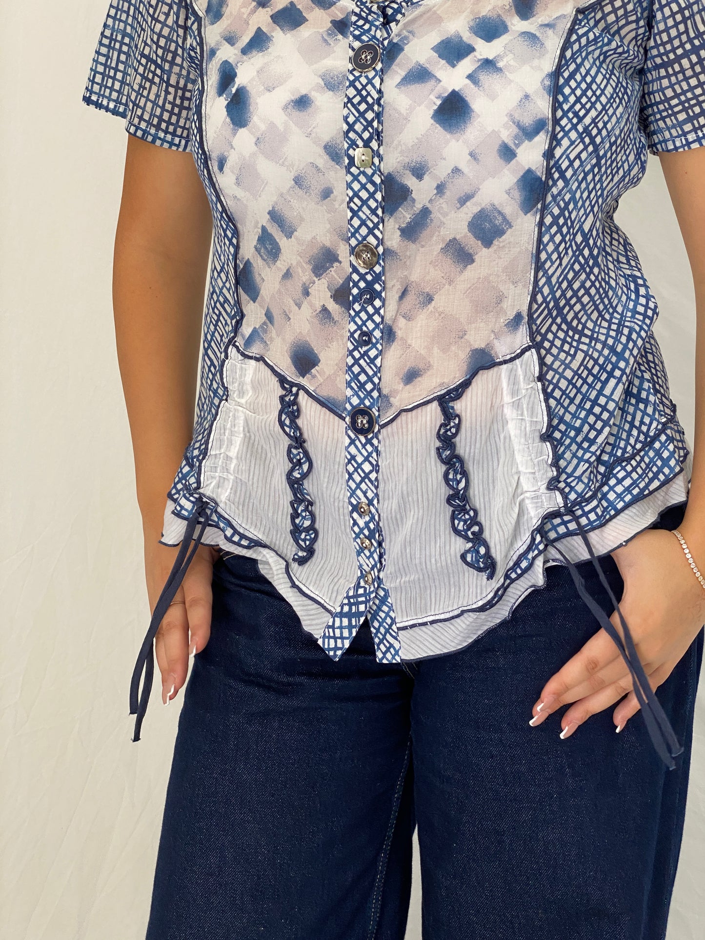 Vintage Y2K BiBA Blue Patchwork Mesh Button-Up Blouse - M
