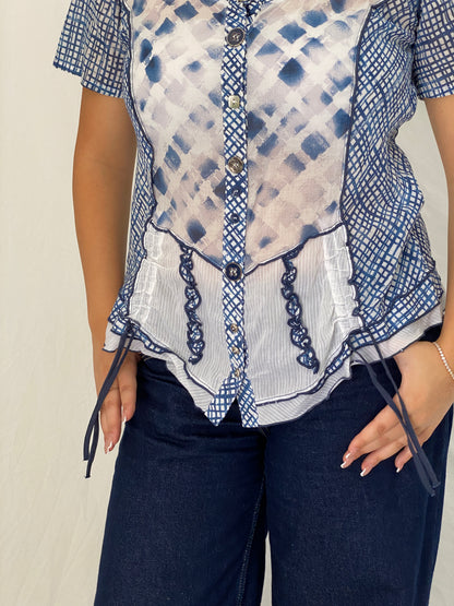 Vintage Y2K BiBA Blue Patchwork Mesh Button-Up Blouse - M