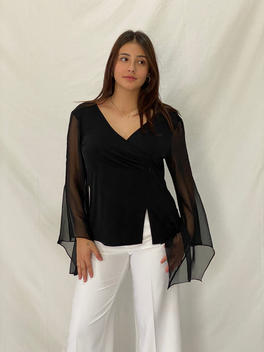 Vintage DORCA Black Sheer Beaded Bell Sleeve Top Blouse - L