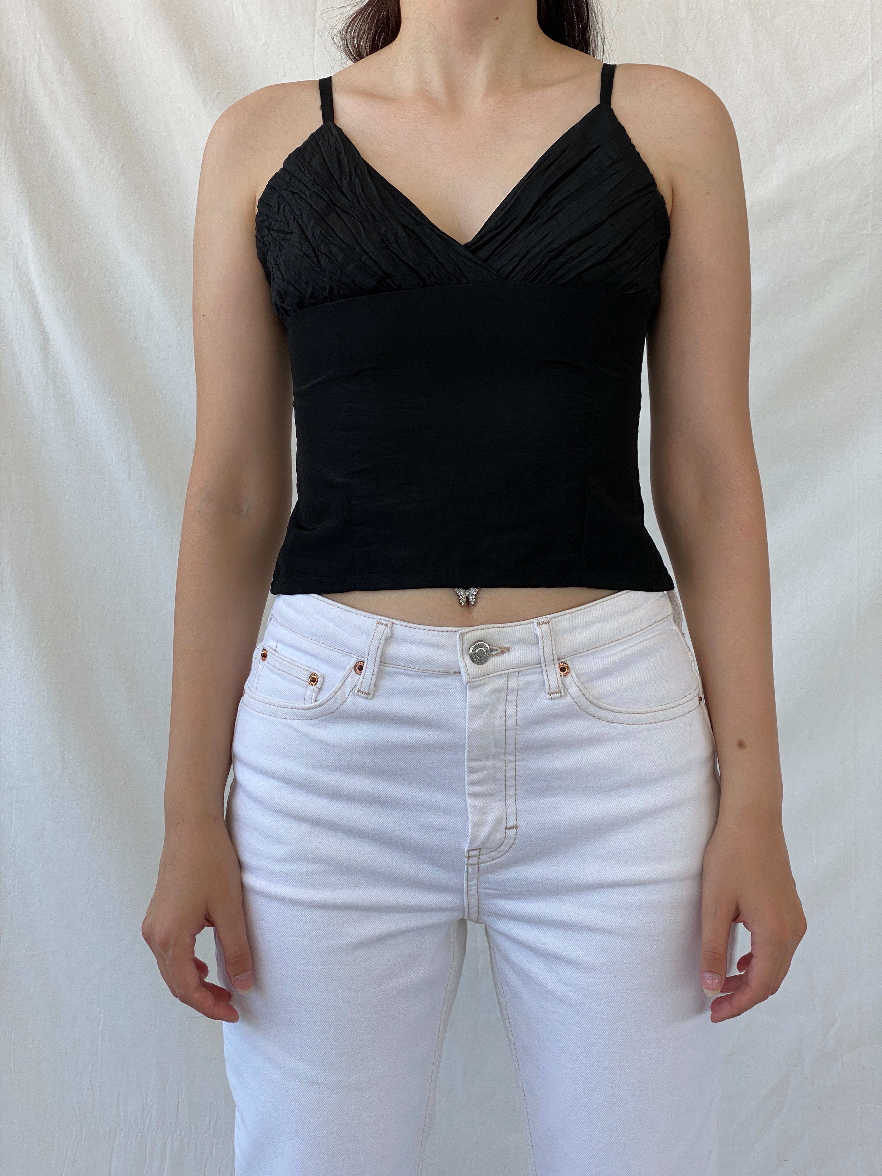 Vintage Display Black Cami Top Formal Ruched Camisole with Clasp Closure - S