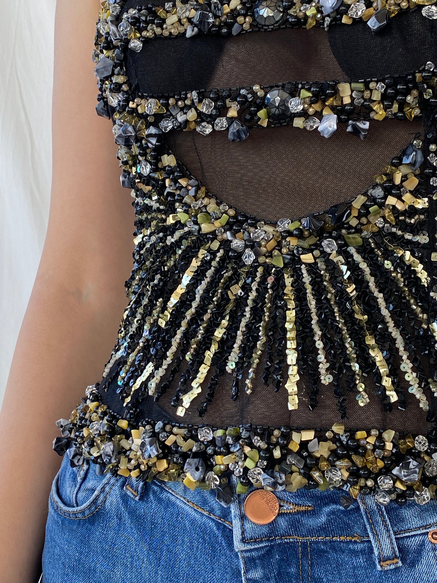 Absolutely Stunning Black Sheer Party Top Embellished with Black and Gold Beads and Sequins - S