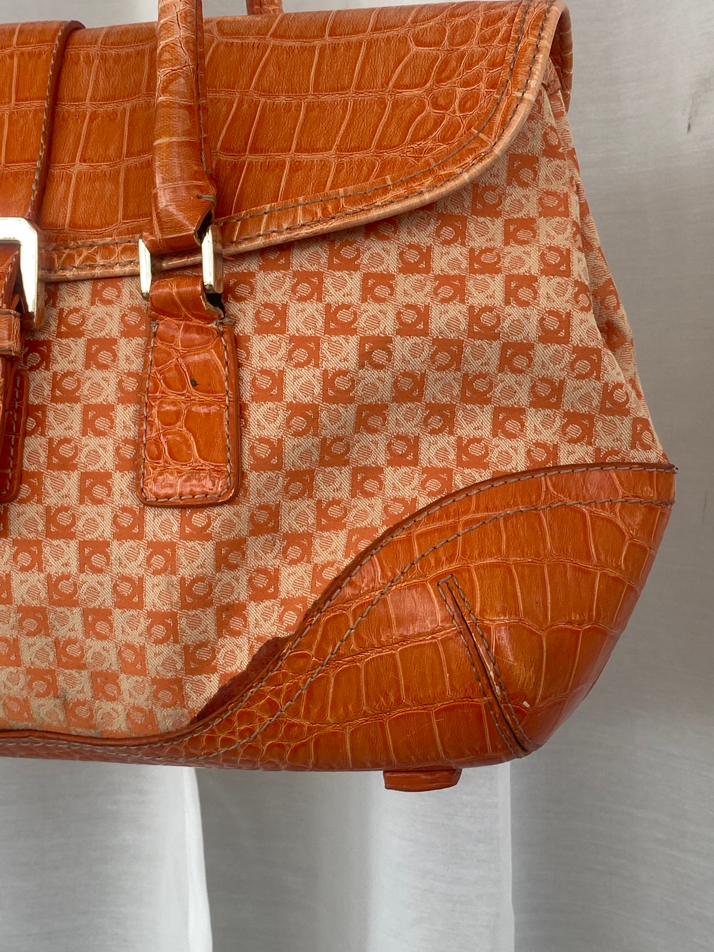 Liz Claiborne NYC Signature Fabric Orange Monogram with Faux Croc Leather Print Shoulder Bag