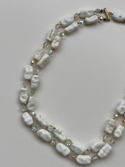 Vintage White Stone & Crystal Beaded Necklace Double Strand Organic Minimalist Jewelry