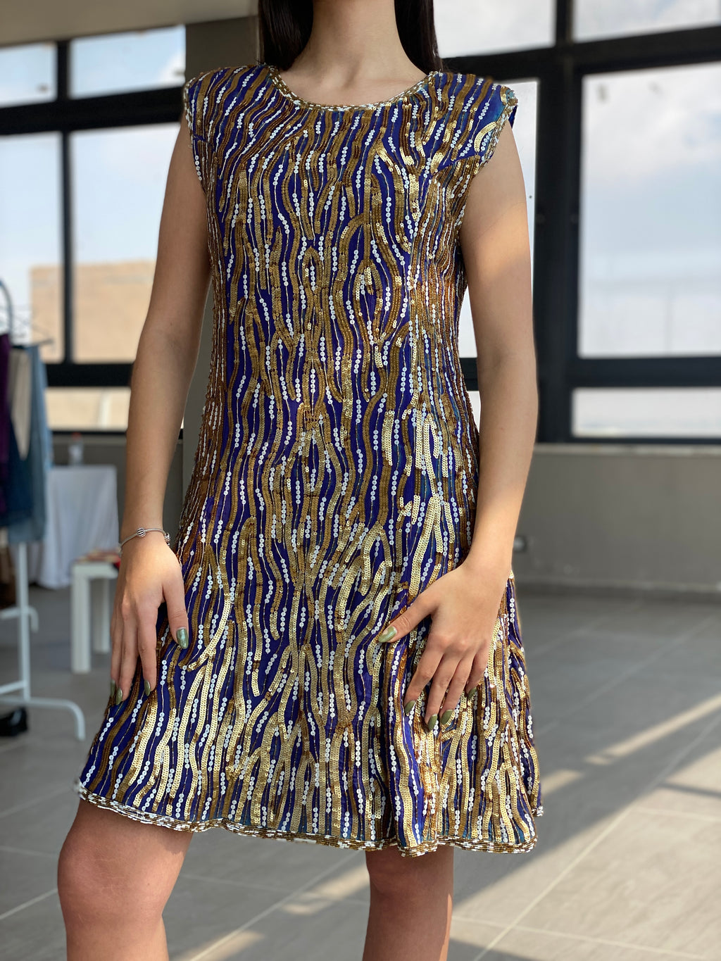 Vintage Razzle Dazzle Pure Silk Blue Gold Sequin Boxy Midi Dress - M