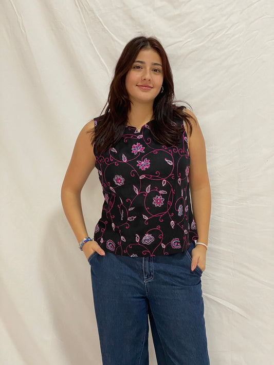 Vintage DUÉ per DUÉ Collection Black Embroidered Linen Sleeveless Top – M