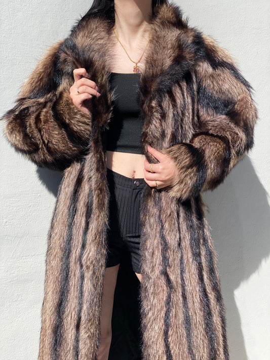 Vintage Handmade Real Raccoon Fur Brown Long Coat Luxury Statement Coat - L