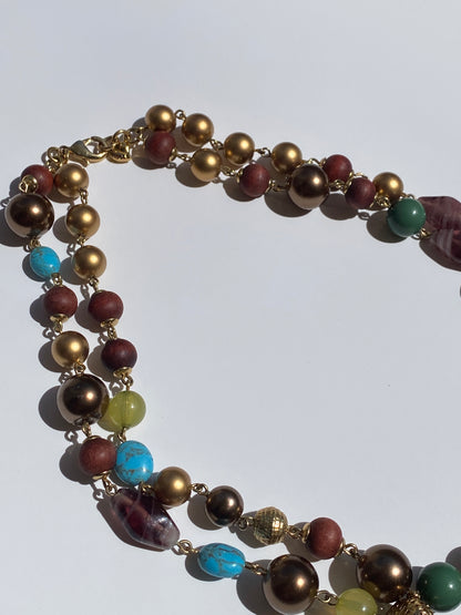Vintage Carolee Multi-Bead Double Strand Brown Gold Necklace