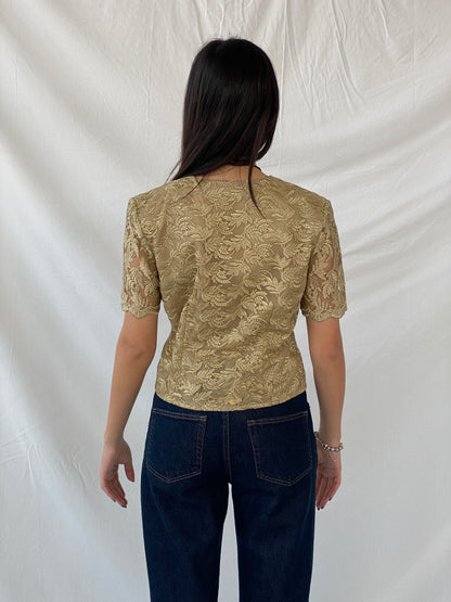 90s DETAIL Premium Collection Gold Floral Lace Short Sleeve Blazer Shirt - L