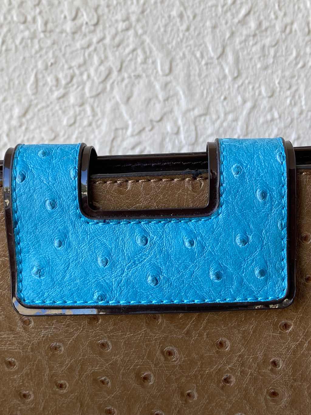 The Limited Ostrich-Embossed Clutch Bag – Tan & Turquoise with Metal Handle