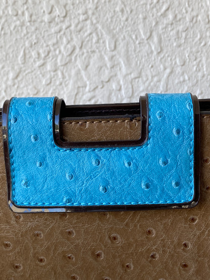 The Limited Ostrich-Embossed Clutch Bag – Tan & Turquoise with Metal Handle