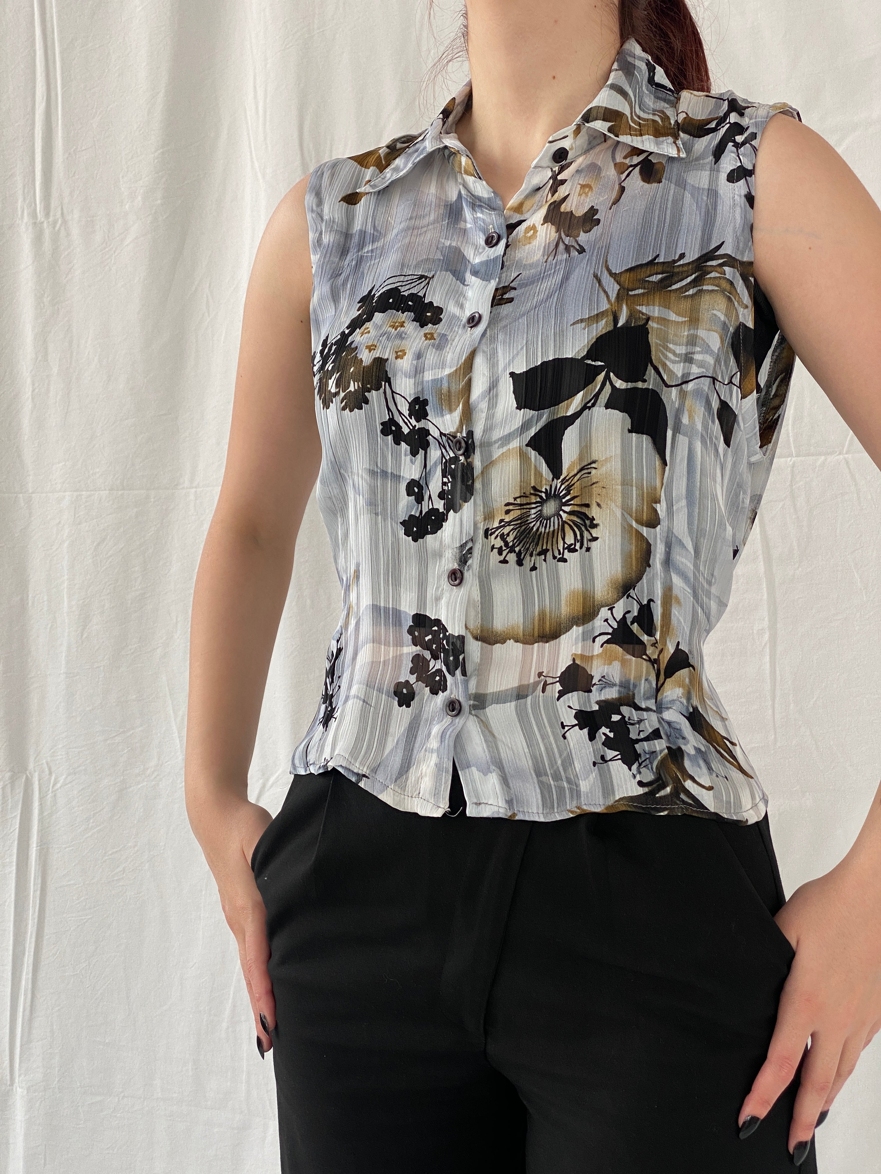 Vintage Fashionway Women’s Sheer Floral Sleeveless Buttoned Shirt - L