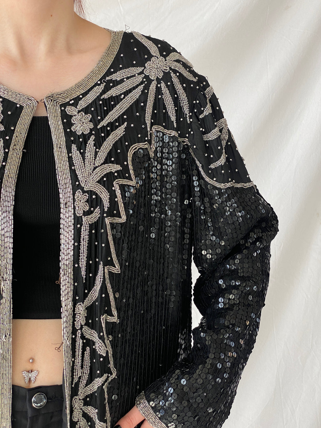 Vintage 80s Midnight Run Black Silver Sequin Beaded Silk Blazer Sparkle Party Jacket - XL