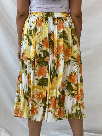 Vintage Orange & Yellow Tropical Print Midi Skirt - L