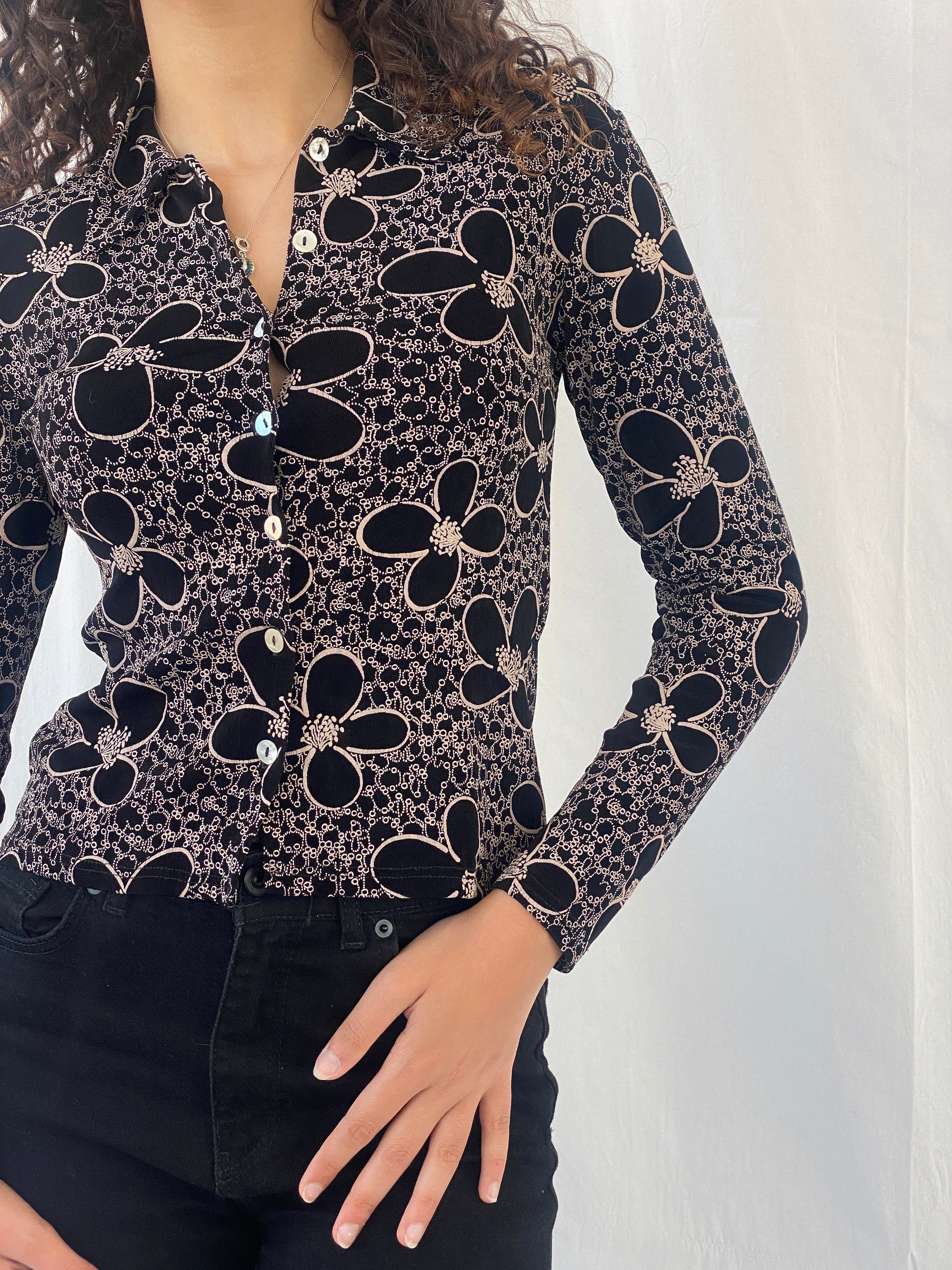 Adorable Y2K Lycra Only By Dupont Floral Button Up Full Sleeve Black Shirt - S