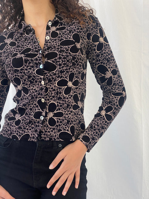 Adorable Y2K Lycra Only By Dupont Floral Button Up Full Sleeve Black Shirt - S