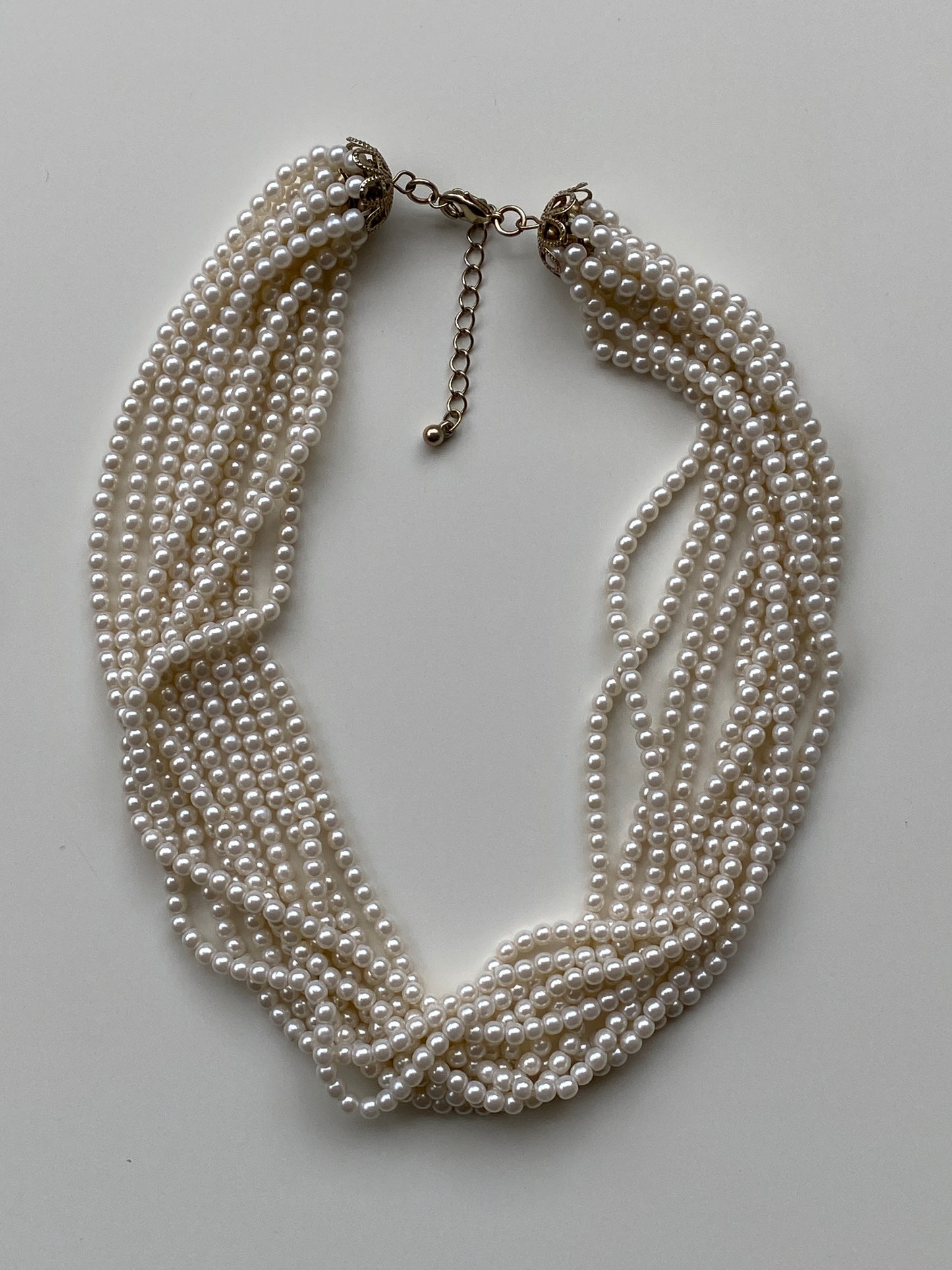 Vintage Cream Multi-Strand Twisted Faux Pearl Torsade Necklace with Filigree Gold End Caps