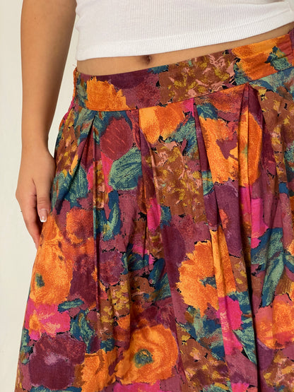 Vintage 90s George Floral Orange Multicolor Pleated Midi Skirt – L
