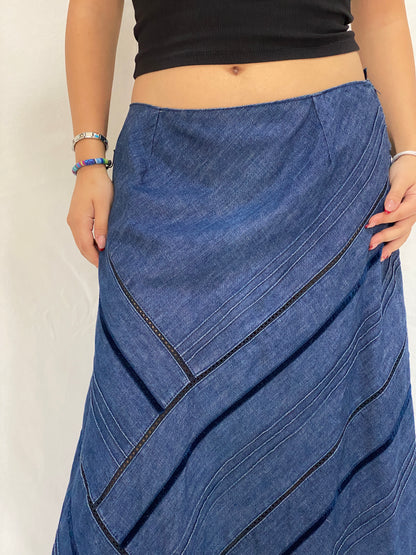 Handmade Patchwork Denim Midi Skirt Y2K Asymmetric Panel Skirt with Lace Trim - XL