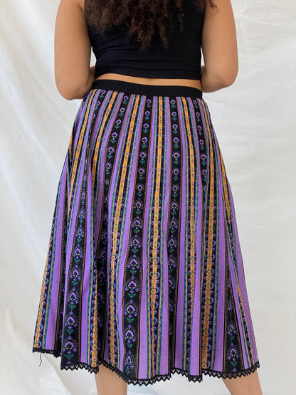 Vintage Angelika Moden Striped German-Folk Black and Purple Midi Cotton Skirt - L