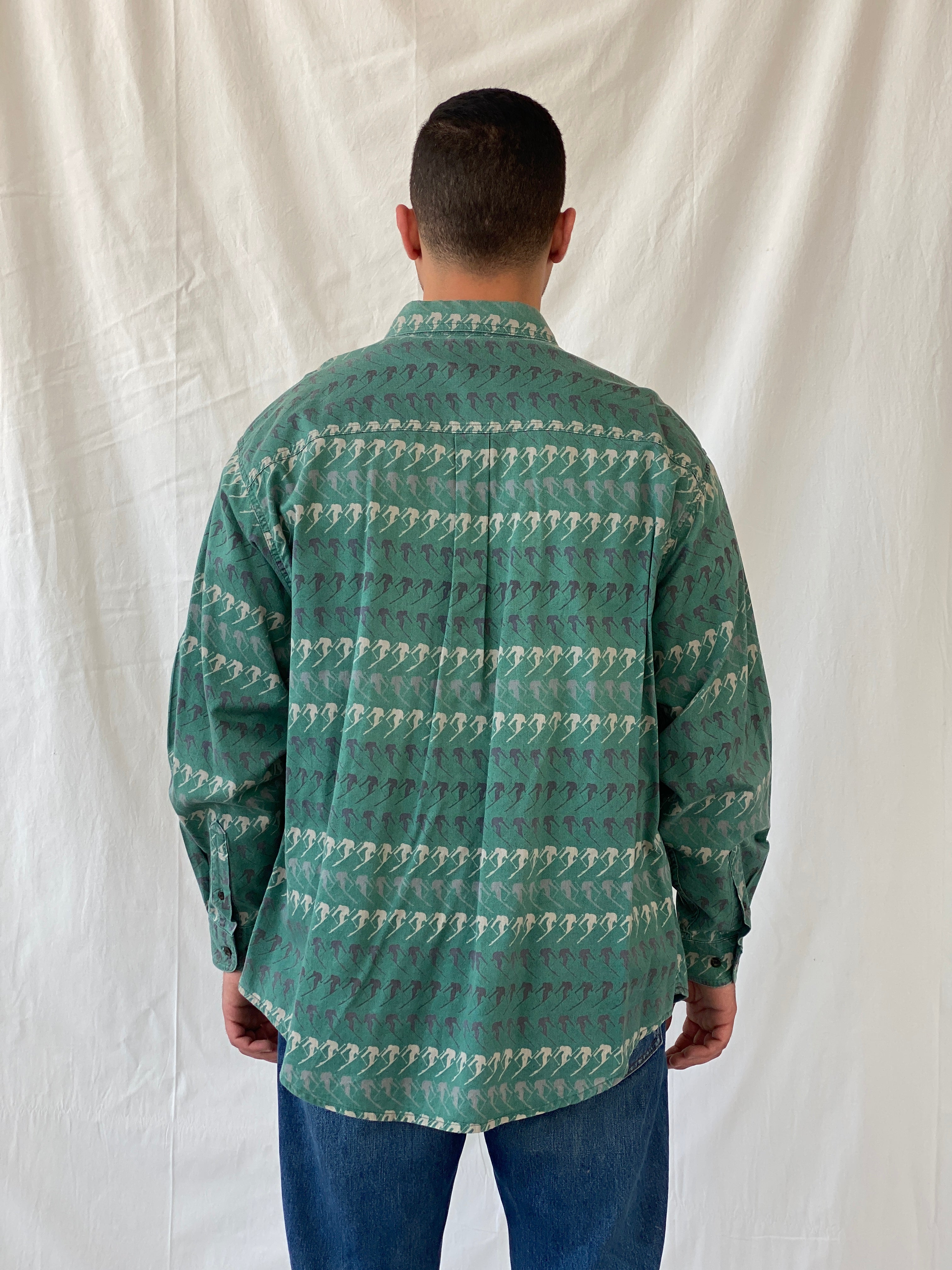 Vintage Woolrich Men’s Green Long Sleeve Cotton Skier Print Shirt - XL