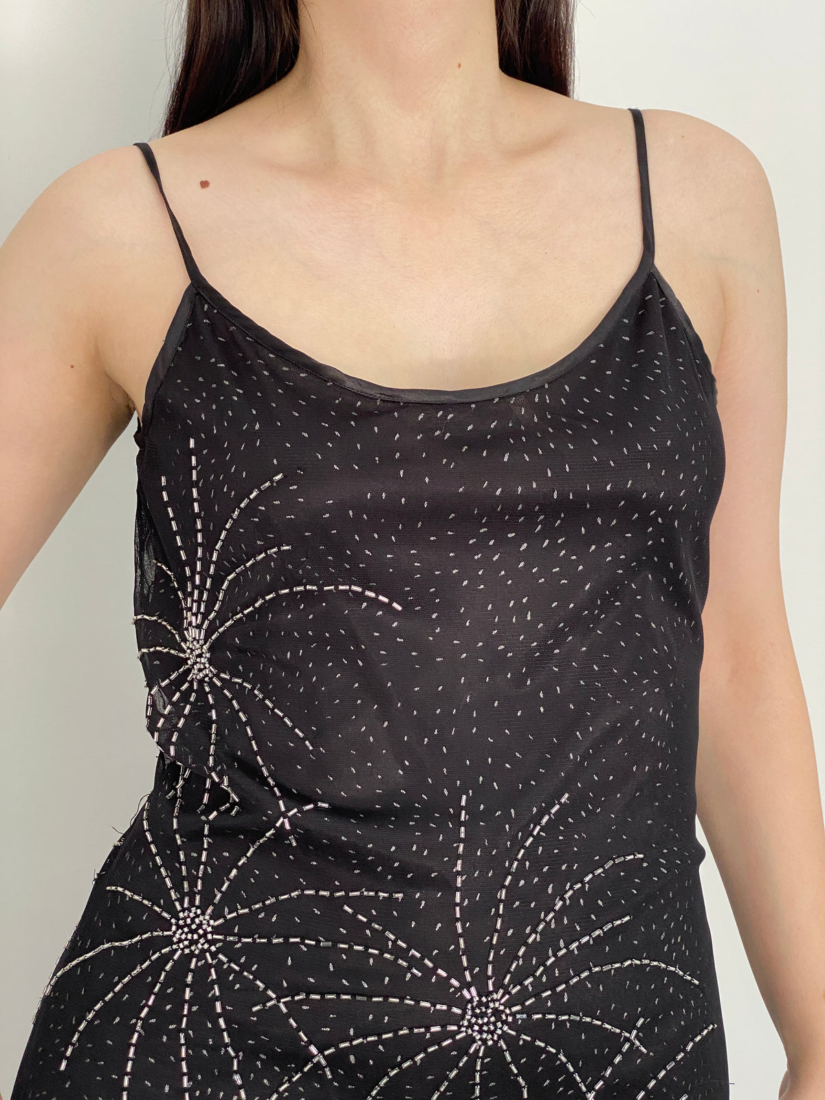 Vintage 90s Brilliante by J.A. Black Beaded Floral Mesh Maxi Slip Dress - S