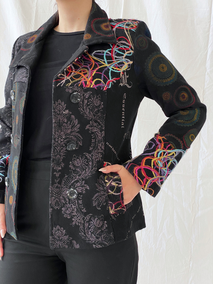 Vintage Boho Embroidered Wool Blend Black Women’s Jacket - M