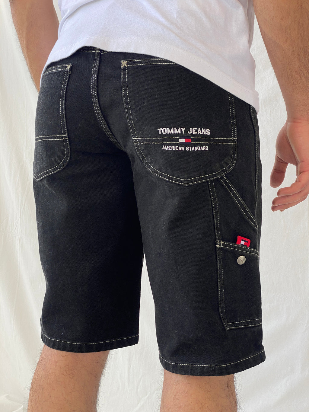 Vintage Y2K Tommy Jeans Hilfiger Black Carpenter Denim Shorts 2003 Baggy Hip Hop Jorts
