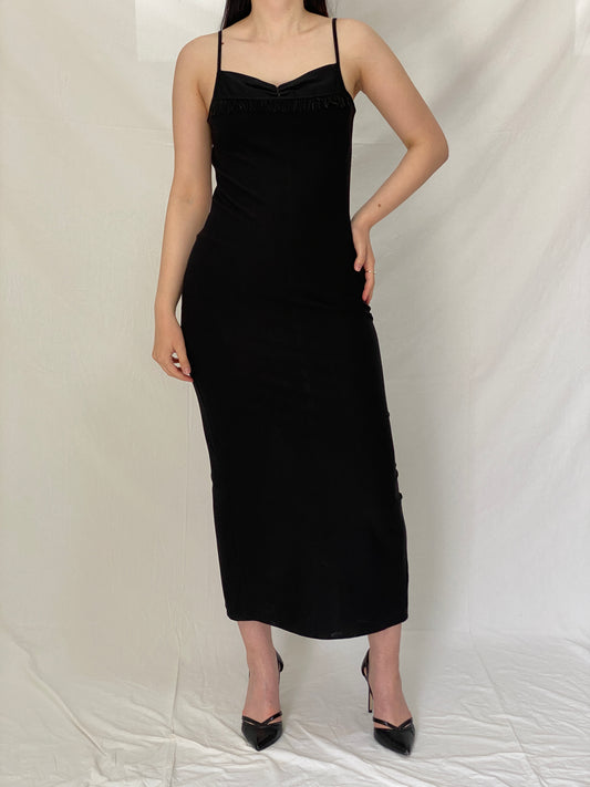 Vintage Y2K Black Minimal Maxi Slip Dress with Fringe Detail - S