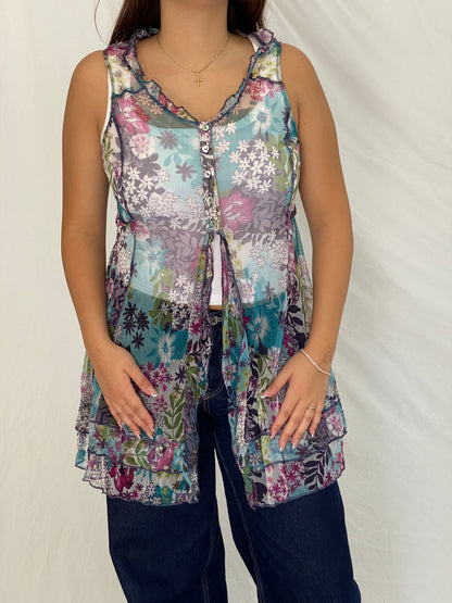 Vintage Y2K Tredy Blue Multicolor Floral Mesh Ruffle Tunic Top - M